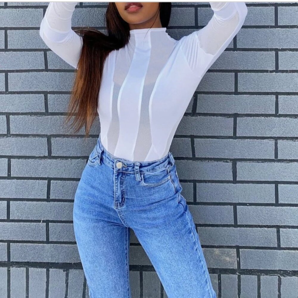 Night Club Gauze See Through Mock Neck Bodysuit Night Club Gauze See Through